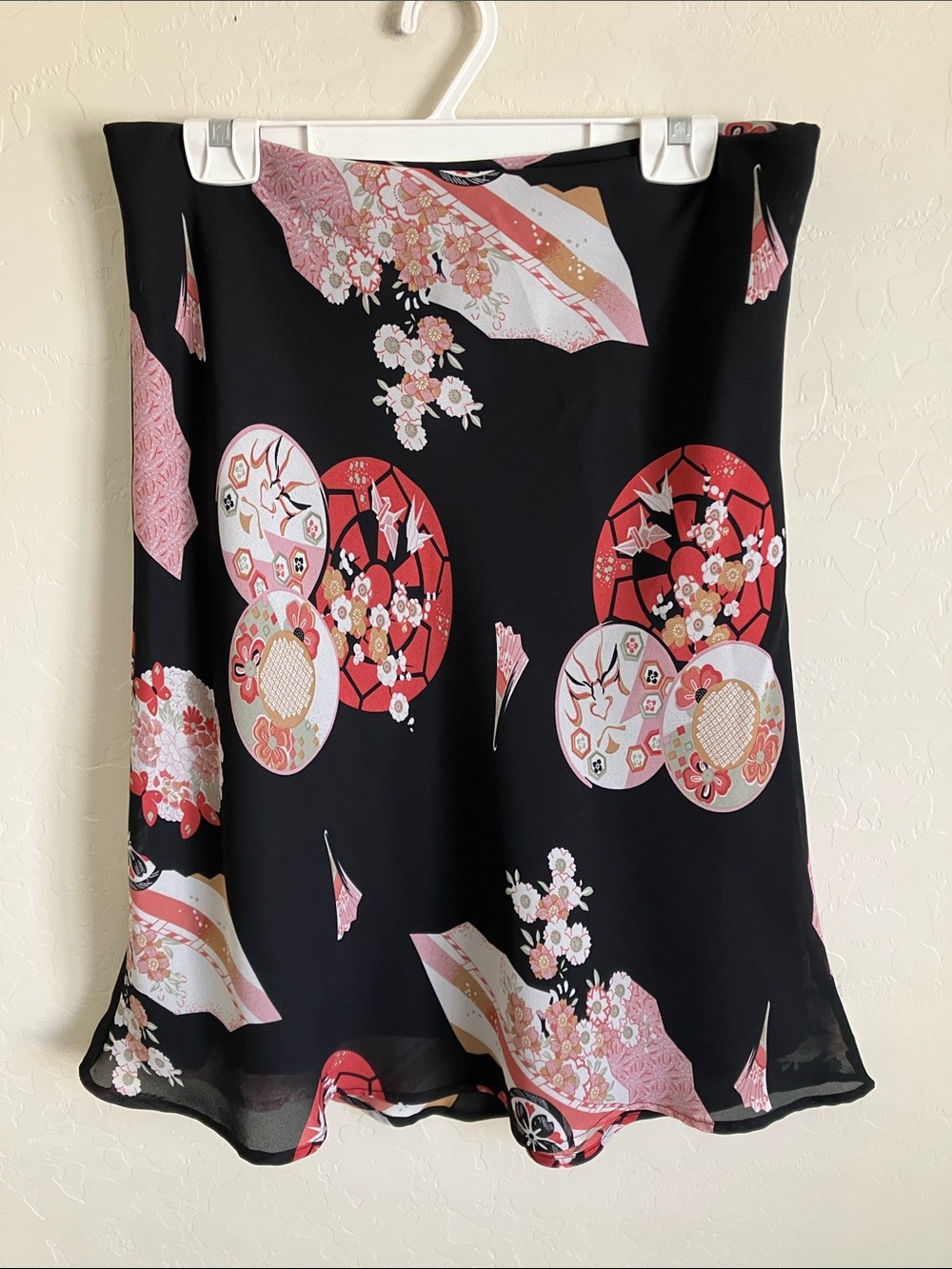 Vintage Womens L Skirt Black Asian Inspired A‑Line Elastic Waist Beechers Brook